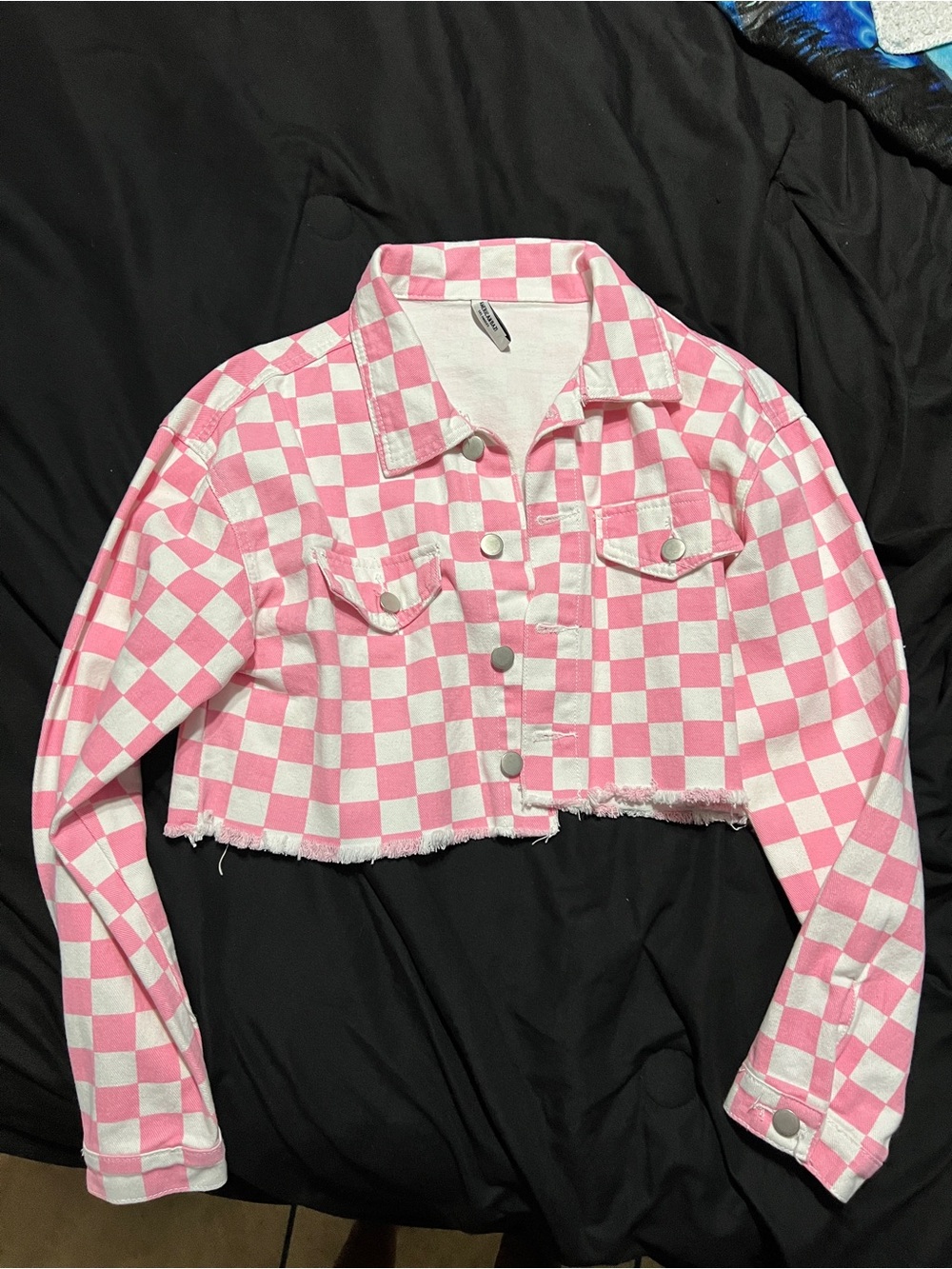 Cropped Pink and White Checkerboard Denim-like Jacket - Women